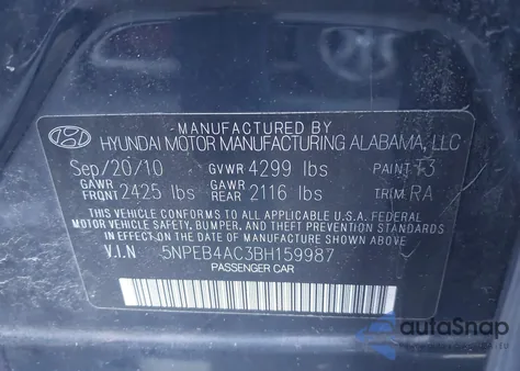 2011 Hyundai Sonata Gls z USA, uszkodzony, nr VIN 5NPEB4AC3BH159987